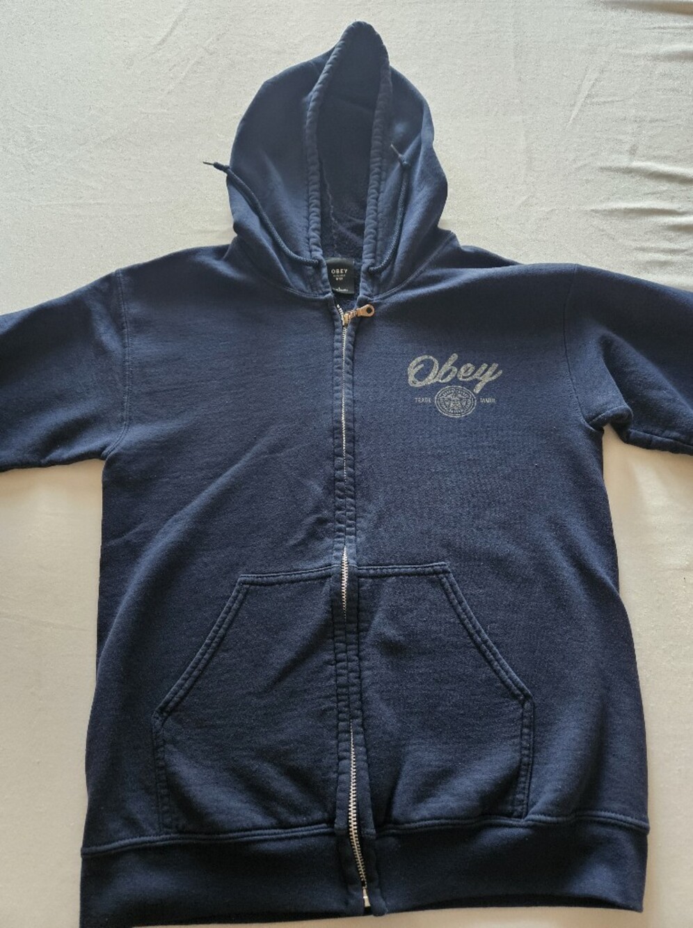 Obey "Paint And Destroy World Wide" Graphic Unisex Navy Zip-Up Hoodie Size Small